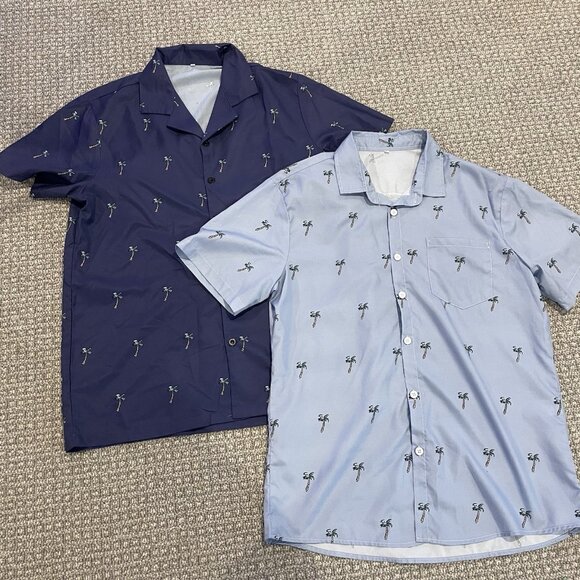 Palm Tree Shirt Men's Sz M Button Down Bundle Short Sleeve Vacation Beach Blue - Picture 1 of 5